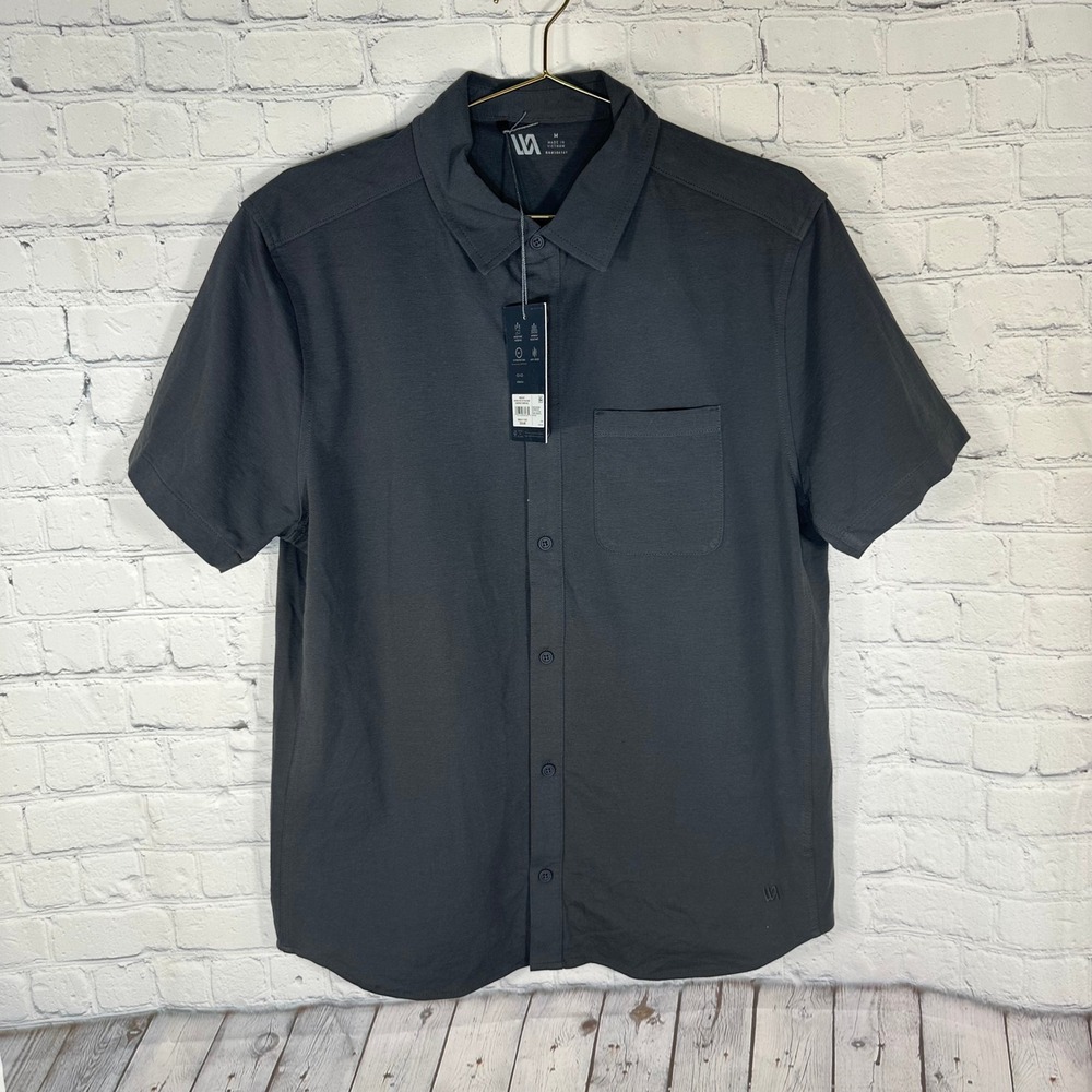 VRST Refined Knit Button Down Shirt Mens Medium Charcoal Grey Short Sleeve NEW